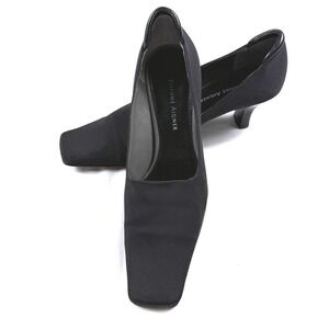 Vintage Etienne Aigner Black Fabric Square Toe Kitten Heel Pumps Womens 5.5M